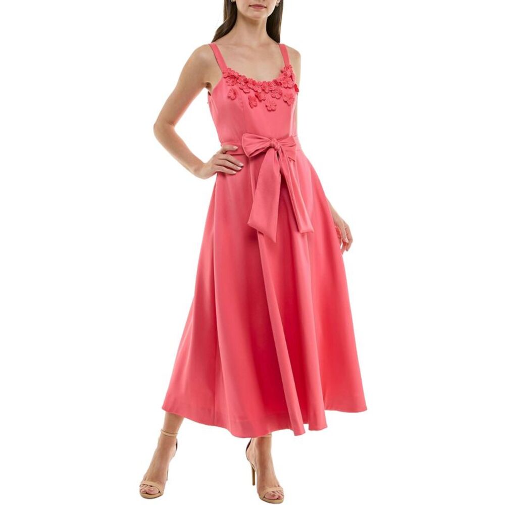 Taylor Womens Floral-Trim Bow-Waist Midi Dress 8 Modern Coral - NWT $198